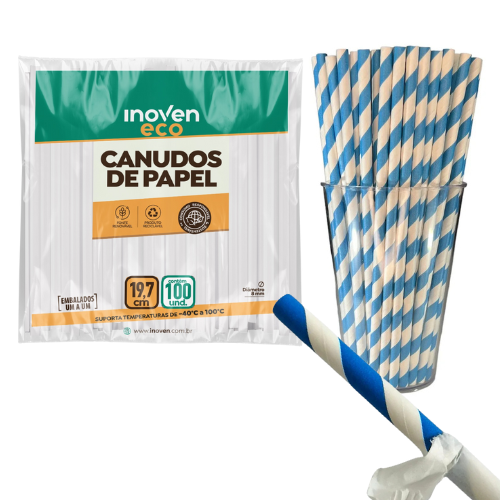 Canudo de Papel Listrado Azul D8mm 19,7cm 100un - Inoven
