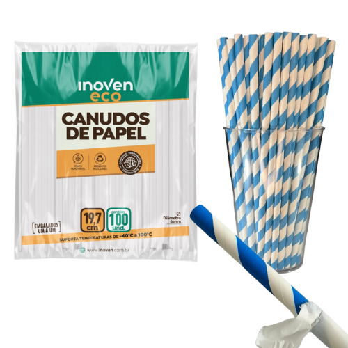 Canudo de Papel Listrado Azul D6mm 19,7cm 100un - Inoven