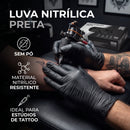 Luva para Tatuador Nitrílica Preta Sem Pó 100 Unidades
